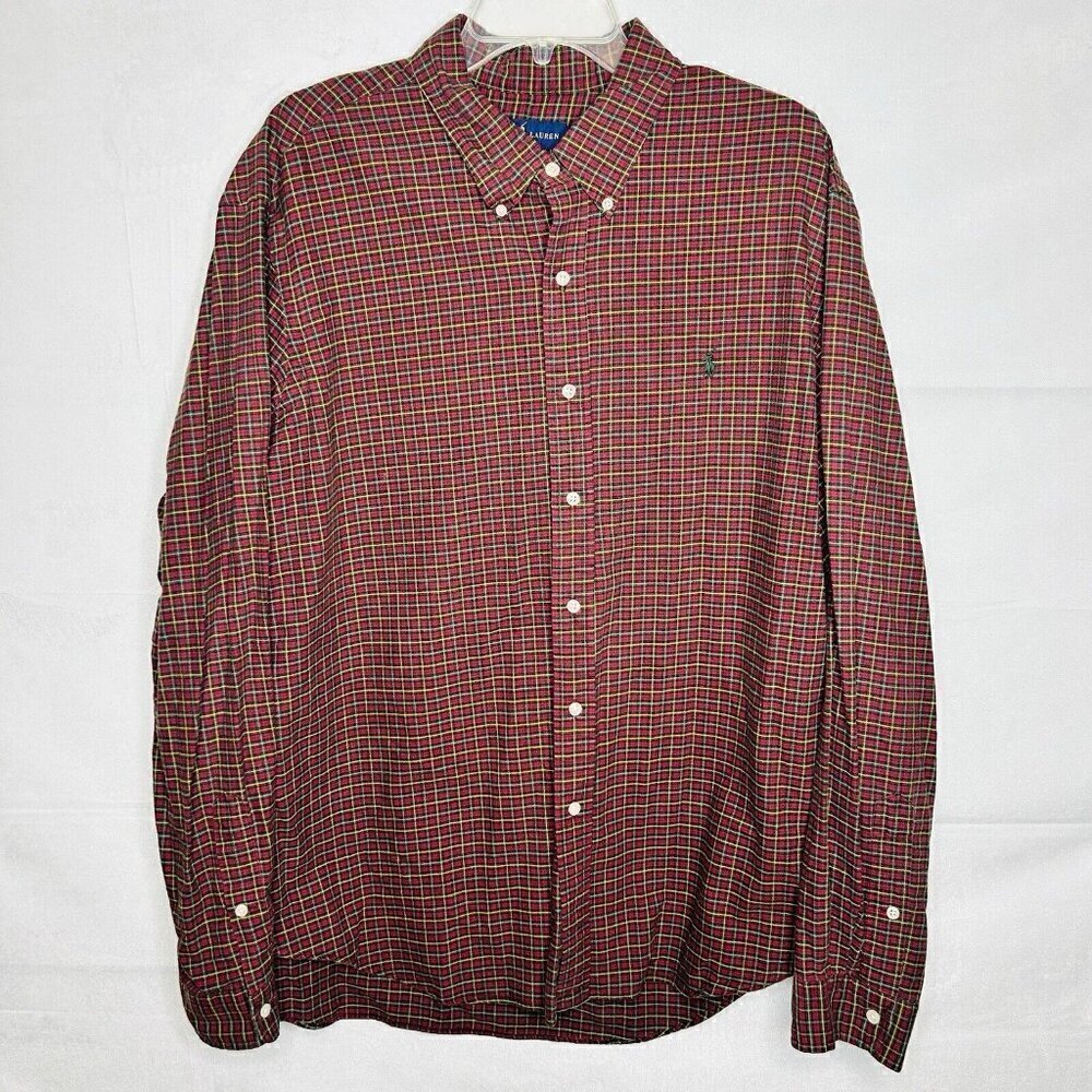 Vintage Ralph Lauren Mens 2XL Collared Button-Down Shirt Plaid Red Gold Green